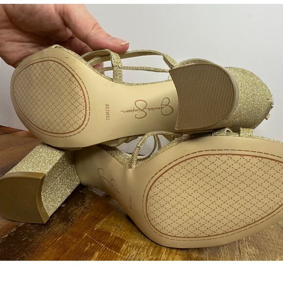 Jessica Simpson Women's Stassey Sandal Gold Glitter Size 7.5 Glam Evening Heels - Picture 7 of 11